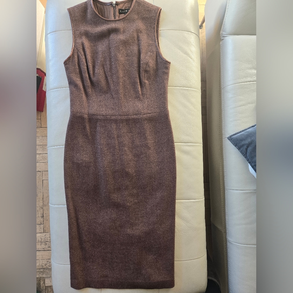 Elegant Ralph Lauren Wool Cashmere Brown Sleeveless Midi Dress w. Leather Sz. 4 - Picture 2 of 14